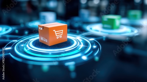 E-commerce package delivery digital marketplace image futuristic environment close-up view online shopping concept