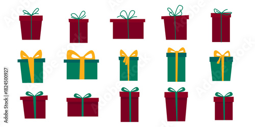Christmas Gift Box Bundle. Cartoon Green and Red Christmas or New Year Gift Box Packaging . Flat Design Cartoon  Symbol. Greeting Card Decoration Element. 
