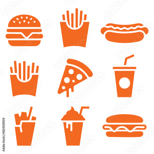 Orange fast food items icons set
