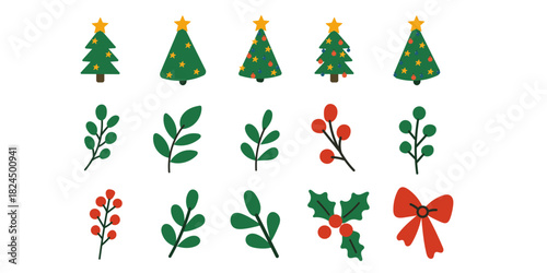 Christmas Plant Art. Evergreen Winter Holiday Symbol. Doodle Spruce Tree and Holly Berry Branch. Simple Graphic Christmas or New Year Decoration Element Icon.