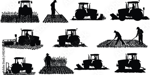 Silhouette of farmers working in fields with tractors, cultivating crops, modern agricultural machinery, farming tools, rural landscape, and harvest season scene.Silhouette 