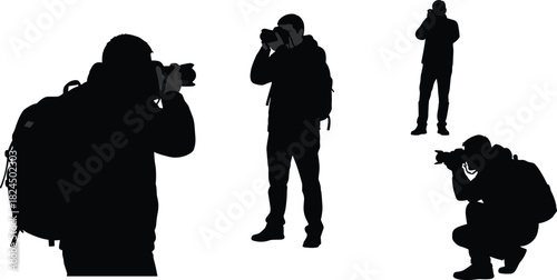 Black Silhouette Vector Set of Photographers Taking Pictures in Various Poses, Focusing on Professional Travel, Event, and Hobby Photography with DSLR Cameras.