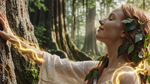 Woman channeling golden energy into ancient mossy tree in forest. Mystical nature connection and healing ritual sequence with serene embrace and glowing hands.
