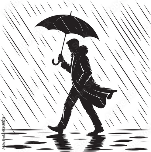 Silhouette Walking in Rain with Umbrella — Dramatic High-Contrast Monochrome Scene