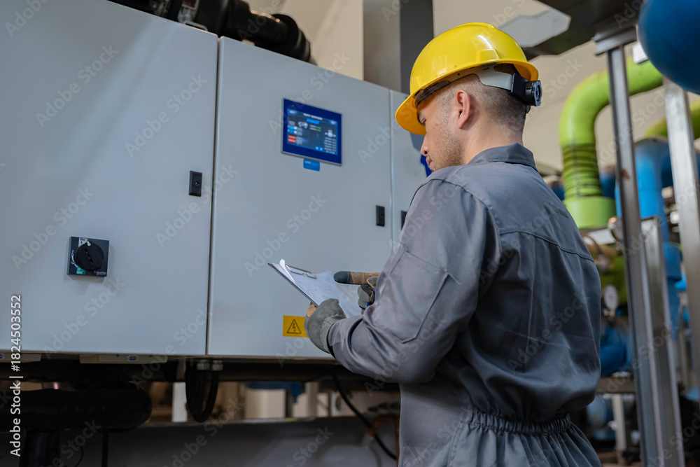 © reewungjunerr - Professional technician inspecting electrical control panel in a factory plant. Male engineer recording operational data on clipboard during safety maintenance of industrial machinery system.
