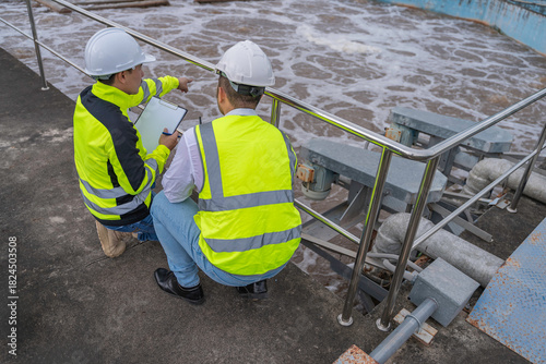Environmental engineers work at wastewater treatment plants,Water supply engineering working at Water recycling plant for reuse