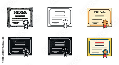 Set of six diploma certificate icons in various graphic styles including line art, sketch, silhouette, and flat color for educational or achievement concepts