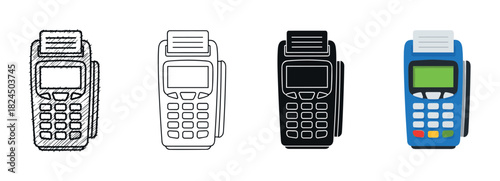 Pos terminal credit card machine illustrations set in doodle, line art, silhouette, and flat color styles for cashless payment concepts and financial transactions