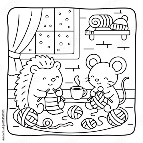 Cute Animal Knitting Scene Coloring Sheet – Cozy Winter Day Inside