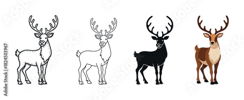Set of four deer illustrations showing different artistic styles including line art, silhouette, and a full color cartoon version of the majestic forest animal with large antlers