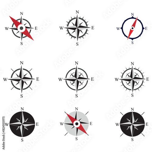 Collection of Compass Rose Icons for Navigation and Direction
