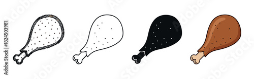 Set of four chicken drumstick icons in various artistic styles including a hand-drawn sketch, simple outline, solid black silhouette, and a full-color cartoon illustration