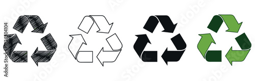 Set of four recycling symbols in different styles including sketched, outline, solid black, and green, representing environmental conservation and sustainability concepts