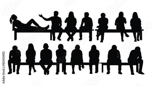 People silhouettes sitting on benches isolated on white background, Vector
