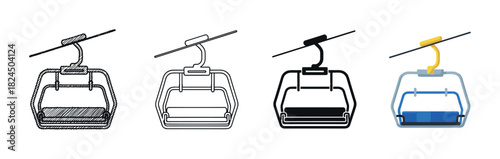 Set of four ski lift chair icons in various design styles including hand-drawn sketch, line art, solid glyph, and modern flat color for winter resort transportation