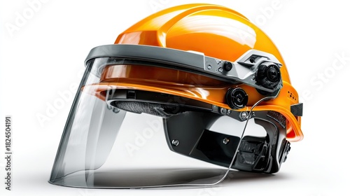 Protective Helmet: A sleek, orange safety helmet, equipped with a clear visor, offers robust protection, highlighting workplace safety standards and construction or industrial applications.