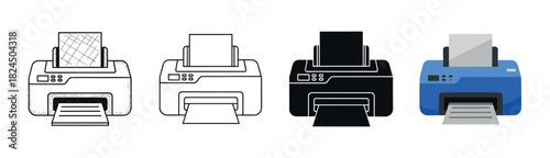 Set of four printer icons in different styles including hand-drawn sketch, line art, silhouette, and flat color vector illustration for office and technology concepts