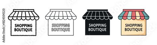 Four shopping boutique store icons in a collection featuring various graphic styles including a hand-drawn sketch, clean line art, a solid silhouette, and a colorful flat design