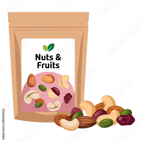 Healthy snack mix pouch with nuts and dried fruits vector art