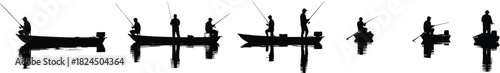 Silhouette of fishermen in multiple boats, calm lake reflection, peaceful fishing scene, outdoor adventure, sunrise water, teamwork, nature harmony