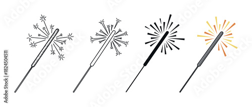 Four different burning sparkler icons in a set showing various graphic styles from line art and silhouette to a simple color illustration for festive holiday designs