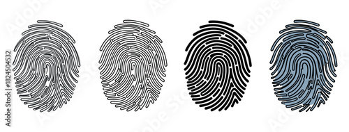 Set of four fingerprint icons in various graphic styles, including thin outline, solid black, and color fill, representing concepts of identity, security, and biometrics