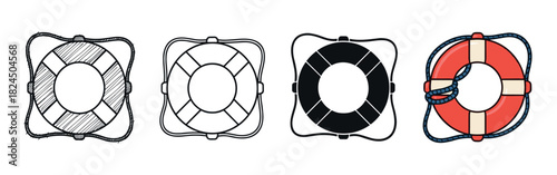 Set of four lifebuoy illustrations presented in various artistic styles, from a hand-drawn sketch and simple outline to a solid silhouette and a classic red and white colored version