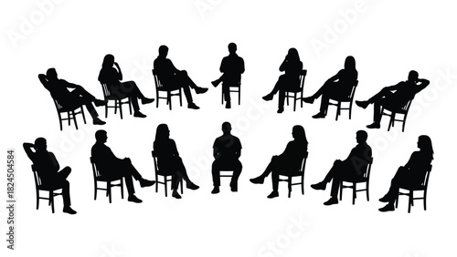 Silhouettes of people sitting in a group isolated on white background, Vector