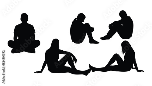 Diverse sitting people silhouettes isolated on white background, Vector