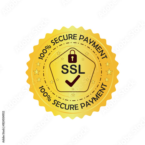 Print SSL Certificate, Gold Stamp, E-commerce Security, Online Payment, Vector Seal, 100% Secure, Brand Certification, Financial Technology, Verified Symbol, Web Design, Cyber Protection, Premium Badg