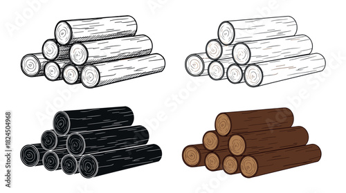 Collection of four stacked log illustrations in various styles, including a black and white sketch, a simple line art drawing, a dark silhouette, and a colored cartoon version