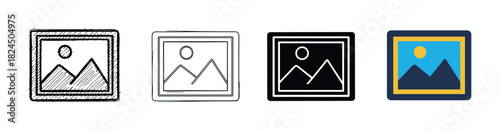 Set of four picture icons showing a landscape with mountains and sun, presented in various design styles including sketch, line art, solid glyph, and flat color vector illustration