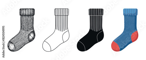 Four knitted warm winter socks collection shown in multiple illustration styles like detailed engraving, simple outline, black silhouette, and a colorful flat cartoon design