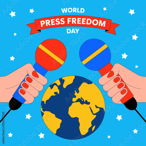 Hands holding microphones near globe for world press freedom day