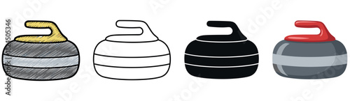 Curling stone sports equipment icon set in four different styles including sketch, outline, silhouette, and flat color vector illustration for winter games and athletic competition