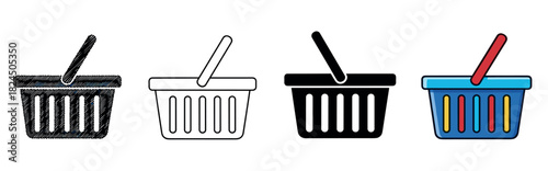 Set of four shopping basket icons in different artistic styles including scribble, outline, silhouette, and flat color for e-commerce and retail design concepts