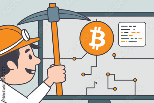 Cartoon miner with pickaxe mining bitcoin on a computer screen art
