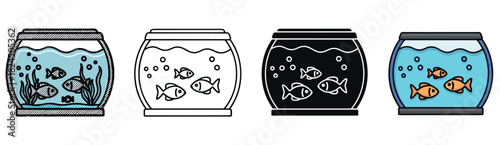 Set of four fish tank illustrations showing different artistic styles, including a detailed sketch, simple line art, a solid black silhouette, and a flat color cartoon version
