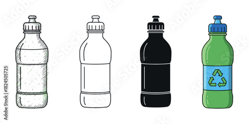 Set of four plastic bottle illustrations showing different artistic styles including a hand-drawn sketch, simple outline, solid silhouette, and a colored version with a recycling symbol