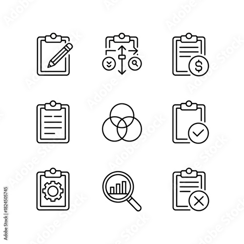 Essential business administration and data analysis vector icons