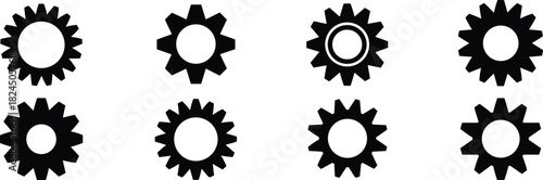 A set of eight different black and white gear icons and cogwheels, representing mechanics, settings, technology, and engineering concepts in vector format.