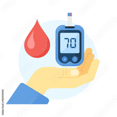 Blood glucose monitoring, hand holding glucometer, blood drop