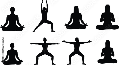 Yoga silhouette vector set, woman meditation poses collection, fitness exercise icons, healthy lifestyle figures isolated on white background.