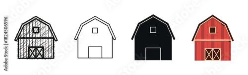 Set of four farm barn icons showing different artistic styles including a hand-drawn sketch, a simple outline, a black silhouette, and a full-color cartoon illustration
