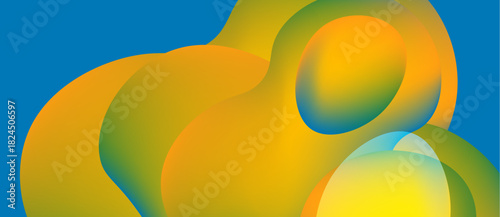 Abstract fluid shapes blend, vibrant yellow, orange hues dominate. Blue background provides contrast, smooth gradients create depth. Modern design.