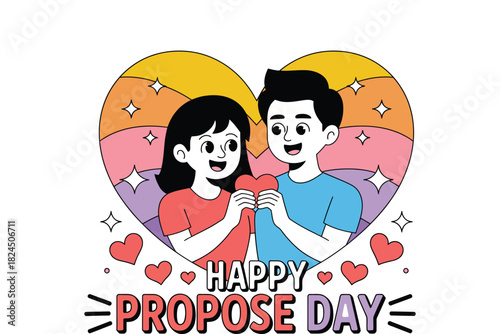 Cartoon couple holding a heart for happy propose day celebration