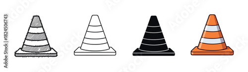 Set of four traffic cone icons in various artistic styles including hand-drawn sketch, simple outline, solid black silhouette, and full color cartoon