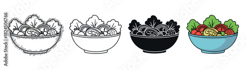 Set of four fresh vegetable salad bowl icons presented in diverse artistic styles like hand-drawn sketch, clean outline, solid silhouette, and a vibrant colorful cartoon