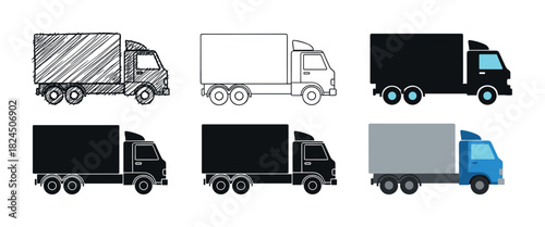 Set of six delivery truck illustrations in various styles including hand-drawn sketch, outline, solid black silhouette, and flat color design for logistics and transportation concepts