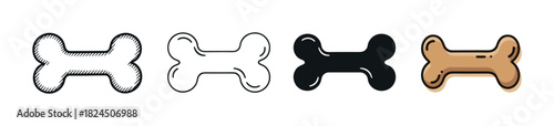 Collection of four dog bone icons presented in a row, showcasing various design styles like hand-drawn sketch, simple outline, solid silhouette, and flat color